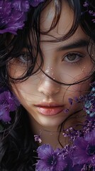 Poster - Close-up Portrait of a Woman with Purple Flowers