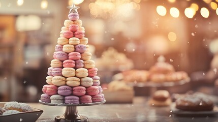 Christmas tree made of macaroons on blurred background of pastry shop