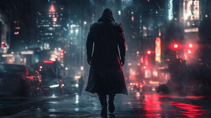 Man in black long hooded coat walking along dark empty city street in rain generated in ai