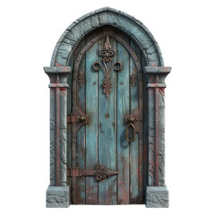 Old wooden door with metal hinges and studs is set in a stone archway with pillars, isolated on a white background