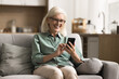 © fizkes - Middle-aged woman sit on sofa looks at smartphone screen and laughing watching funny videos from family, enjoy internet amusing content, surfing social media network, read news, feel happy. Tech usage
