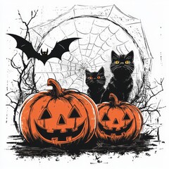 Halloween illustration with black cat, pumpkins, and bats
