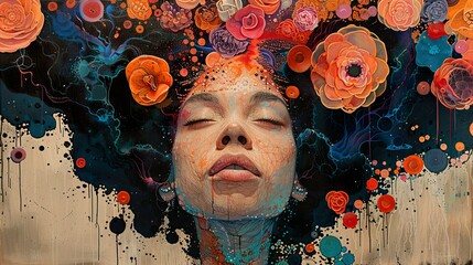 Sticker - Surreal Portrait of a Woman with Flowers