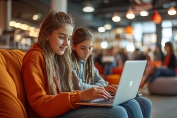 Portrait of two girls using laptop in modern library lounge with group of children in backgroundwith copy space, Generative AI