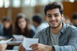 © James - Cropped shot of male Middle Eastern student handing note to to his classmate while sitting at desk in university lecture hall, copy space, Generative AI