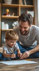 Vertical portrait of loving father and son drawing together on floor in kids room and enjoying fatherhood, Generative AI