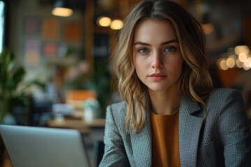 Young serious female economist analyzing financial diagrams and other data on lapto pscreen while sitting by desk in modern office, Generative AI