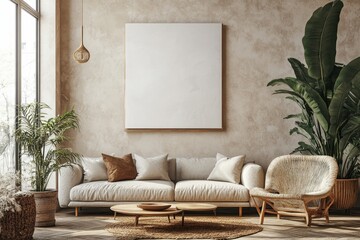 Empty canvas in a beige living room with modern details, Generative AI