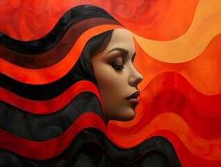 Canvas Print - Abstract Portrait of a Woman with Red and Black Waves