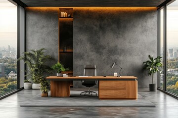 Gray and wooden CEO office interior, Generative AI