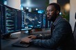 © Anupam - Multiethnic IT specialist working with program on monitors at office desk at IT company, Generative AI