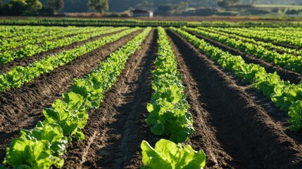 A vibrant field of lettuce growing in neat rows under natural lighting.