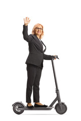 Poster - Middle aged woman riding an electric scooter and waving