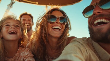 The image shows a cheerful family of three capturing a blissful moment during a sunny road trip, with everyone's laughter being truly infectious and warm under a bright sky.