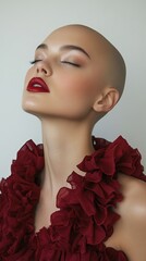 closeup fashion portrait of young woman wearing elaborate designer headdress in red and looking at c