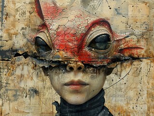 Sticker - Surreal Portrait with Creature Mask: A Dreamlike Exploration of Identity