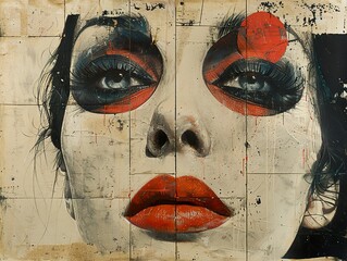 Wall Mural - Intriguing Portrait of a Woman with Red Lips and Bold Makeup