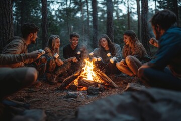 Group of young people roasting marshmallows while enjoying camping with friends in forest, copy space, Generative AI