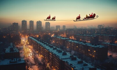 Wall Mural - Santa Claus is delivering kids presents on reindeers, sleigh fly over the night illuminated city. Christmas preparation process. Generative AI