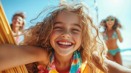 Group of children having fun on a sunny beach, smiling broadly, wearing colorful swimwear and sunglasses, capturing the joy and vibrancy of a carefree summer day.