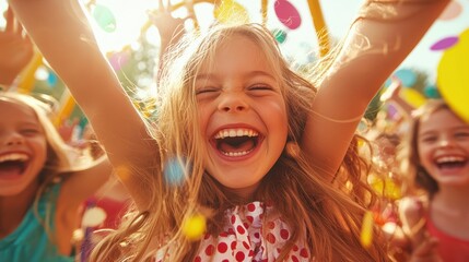 A young girl with arms raised, smiling broadly as colorful confetti showers down around her, embodying celebration, joy and carefree childhood in a sunlit setting.