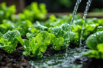 Close-up of a water stream watering a row of lettuce plants in a garden.