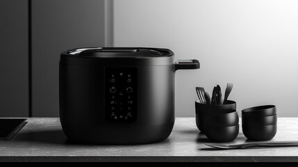 Wall Mural - A sleek black multi-cooker on a kitchen countertop with utensils nearby.