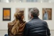 © nupam - Back view of unrecognizable mature man and woman in love sitting together in modern art gallery looking at photos, Generative AI