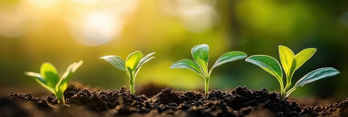 young seedlings, soil, sunlight, growth, nature, close-up, vibrant green, morning light, peaceful atmosphere, high detail
