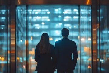 Front view of two young business people in glass elevator at modern office building, copy space, Generative AI