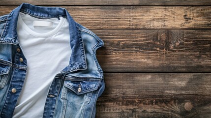 Wall Mural - A denim jacket and a white t-shirt laid out on a wooden surface.