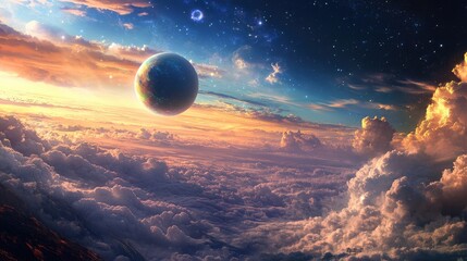 Wall Mural - Celestial Skyline. Abstract Fantasy Landscape with Earth and Stars