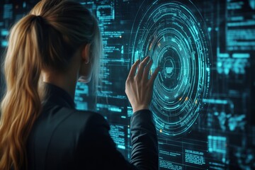 Businesswoman and biometric scanning, digital hologram and statistics, Generative AI