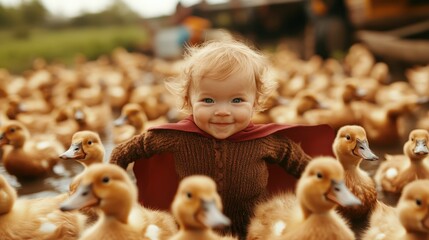 A spirited baby wearing a red cape stands confidently among a flock of fluffy ducklings, creating a colorful, adventurous scene full of playful curiosity and exploration.