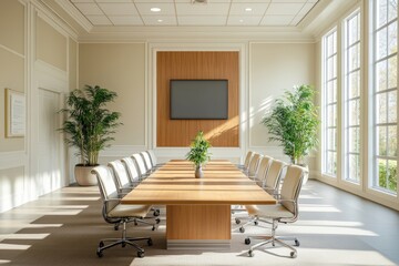 Beige and wooden meeting room interior, Generative AI