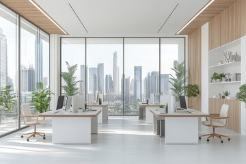 Canvas Print - Modern office interior with pc computers on tables in row, panoramic window, Generative AI