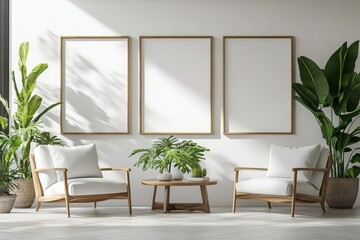 Canvas Print - Home living room interior armchairs and tv screen with decoration, mockup frame, Generative AI