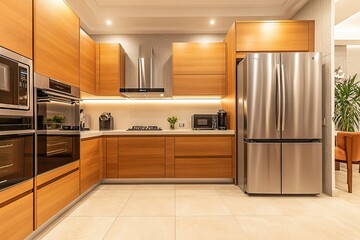 Sticker - Modern home kitchen interior with bar counter and fridge, window. Empty wall, Generative AI