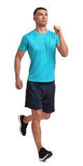 Wall Mural - Man in sportswear running on white background