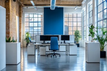 Modern white and blue open space office interior, Generative AI