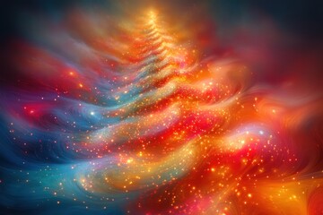 Abstract Christmas tree with glowing lights and flowing colors.