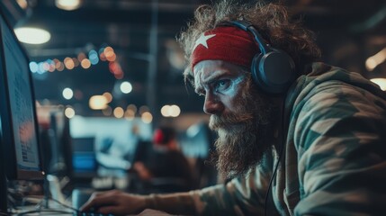 A passionate gamer with a red headband and beard intensely focuses on his computer screen, embodying the dedication and concentration of modern gaming culture.