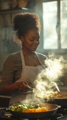 Vertical portrait of overweight black woman cooking healthy meal in kitchen lit by sunlight, Generative AI