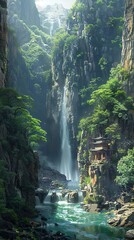 Sticker - Tranquil Waterfall in Lush Mountain Valley