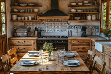 Canvas Print - Wooden home kitchen interior with cooking cabinet and panoramic window, Generative AI