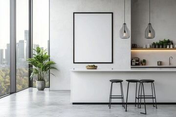 Poster - Empty poster frame on a white wall in a modern kitchen interior with barstools and a large window. 3D Rendering, Generative AI