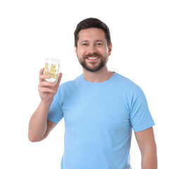 Poster - Happy man holding glass of water with lemon on white background