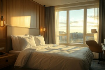 Canvas Print - Hotel bedroom interior with empty work table and bed, shelf and decoration, Generative AI