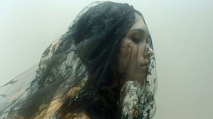 Poster - Mysterious Woman in a Black Lace Veil - Portrait Photography