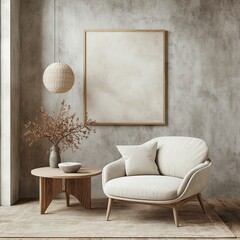 Canvas Print - Light home living room interior with armchair and dining table, mockup frame, Generative AI